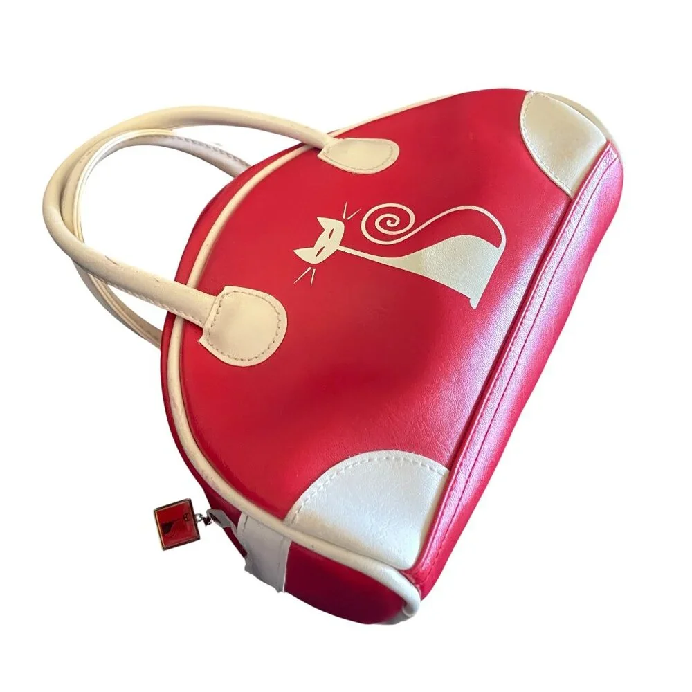 Red Tango by Tokyo Bay Retro Vintage Mini Bowling Bag Women's Red/White Cat - Picture 6 of 9